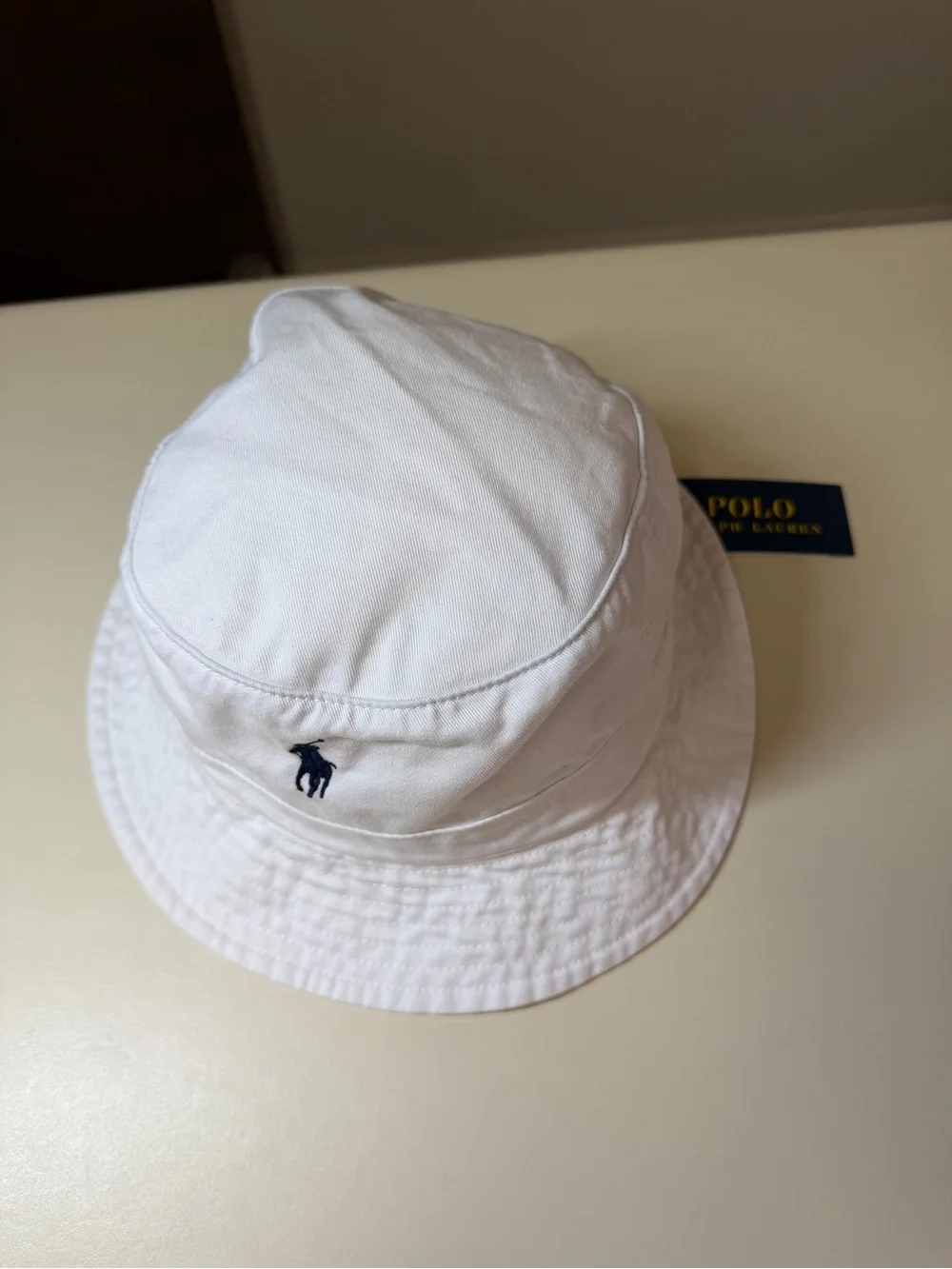 Polo by Ralph Lauren White Bucket Hat with Navy Pony Logo